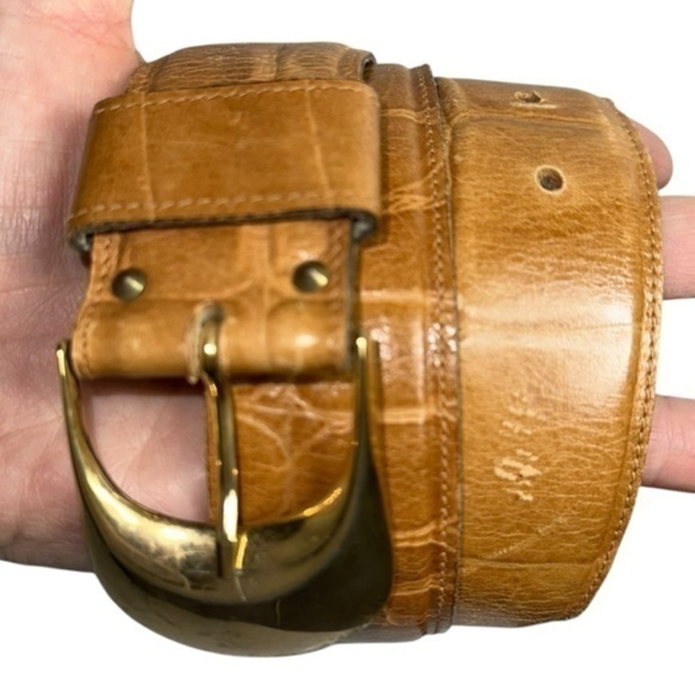 Anne Klein for Calderon Vintage Size M Tan Croc Embossed Leather Gold Toned Belt